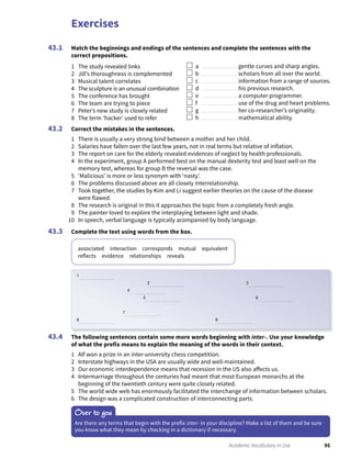 Exercises
95Academic Vocabulary in Use
Match the beginnings and endings of the sentences and complete the sentences with the
correct prepositions.
1 The study revealed links
2 Jill’s thoroughness is complemented
3 Musical talent correlates
4 The sculpture is an unusual combination
5 The conference has brought
6 The team are trying to piece
7 Peter’s new study is closely related
8 The term ‘hacker’ used to refer
a gentle curves and sharp angles.
b scholars from all over the world.
c information from a range of sources.
d his previous research.
e a computer programmer.
f use of the drug and heart problems.
g her co-researcher’s originality.
h mathematical ability.
Correct the mistakes in the sentences.
1 There is usually a very strong bind between a mother and her child.
2 Salaries have fallen over the last few years, not in real terms but relative of inflation.
3 The report on care for the elderly revealed evidences of neglect by health professionals.
4 In the experiment, group A performed best on the manual dexterity test and least well on the
memory test, whereas for group B the reversal was the case.
5 ‘Malicious’ is more or less synonym with ‘nasty’.
6 The problems discussed above are all closely interrelationship.
7 Took together, the studies by Kim and Li suggest earlier theories on the cause of the disease
were flawed.
8 The research is original in this it approaches the topic from a completely fresh angle.
9 The painter loved to explore the interplaying between light and shade.
10 In speech, verbal language is typically acompanied by body language.
Complete the text using words from the box.
associated interaction corresponds mutual equivalent
reflects evidence relationships reveals
43.1
43.2
43.3
The following sentences contain some more words beginning with inter-. Use your knowledge
of what the prefix means to explain the meaning of the words in their context.
1 Alf won a prize in an inter-university chess competition.
2 Interstate highways in the USA are usually wide and well-maintained.
3 Our economic interdependence means that recession in the US also affects us.
4 Intermarriage throughout the centuries had meant that most European monarchs at the
beginning of the twentieth century were quite closely related.
5 The world wide web has enormously facilitated the interchange of information between scholars.
6 The design was a complicated construction of interconnecting parts.
43.4
Over to you
Are there any terms that begin with the prefix inter- in your discipline? Make a list of them and be sure
you know what they mean by checking in a dictionary if necessary.
1
2 3
4
5 6
7
8 9
 