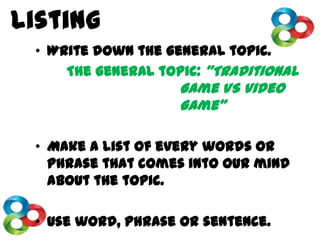 Listing
• Write down the general topic.
The general topic: “Traditional
Game VS Video
Game”
• Make a list of every words or
phrase that comes into our mind
about the topic.
• Use word, phrase or sentence.
 