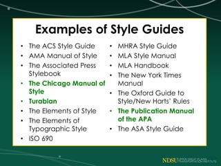 Examples of Style Guides
• The ACS Style Guide
• AMA Manual of Style
• The Associated Press
Stylebook
• The Chicago Manual of
Style
• Turabian
• The Elements of Style
• The Elements of
Typographic Style
• ISO 690
• MHRA Style Guide
• MLA Style Manual
• MLA Handbook
• The New York Times
Manual
• The Oxford Guide to
Style/New Harts’ Rules
• The Publication Manual
of the APA
• The ASA Style Guide
 