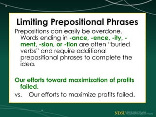 Limiting Prepositional Phrases
Prepositions can easily be overdone.
Words ending in -ance, -ence, -ity, -
ment, -sion, or -tion are often “buried
verbs” and require additional
prepositional phrases to complete the
idea.
Our efforts toward maximization of profits
failed.
vs. Our efforts to maximize profits failed.
 