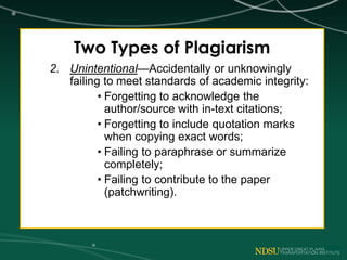 Two Types of Plagiarism
2. Unintentional—Accidentally or unknowingly
failing to meet standards of academic integrity:
• Forgetting to acknowledge the
author/source with in-text citations;
• Forgetting to include quotation marks
when copying exact words;
• Failing to paraphrase or summarize
completely;
• Failing to contribute to the paper
(patchwriting).
 