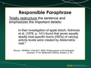 Responsible Paraphrase
Totally restructure the sentence and
emphasizes the important details:
In their investigation of apple blotch, Kohmoto
et al. (1976, p. 141) found that seven equally
deadly host-specific toxins (HSTs) of varying
activity levels were created by Aleternatrai
mali.*
*Source: McMillan, Victoria E. 2006. Writing papers in the biological
sciences. 4th ed. Bedford/St. Martins, Boston, p. 29.
 