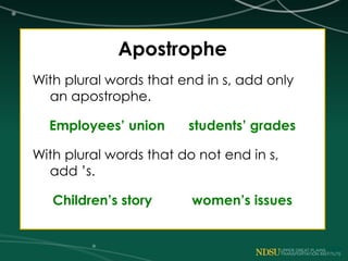 Apostrophe
With plural words that end in s, add only
an apostrophe.
Employees’ union students’ grades
With plural words that do not end in s,
add ’s.
Children’s story women’s issues
 