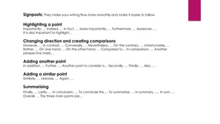 Signposts: They make your writing flow more smoothly and make it easier to follow.
Highlighting a point
Importantly, … Indeed, … In fact, … More importantly, … Furthermore, … Moreover, …
It is also important to highlight…
Changing direction and creating comparisons
However, … In contrast, … Conversely, … Nevertheless, … On the contrary, … Unfortunately, …
Rather, … On one hand, … On the other hand, … Compared to… In comparison, … Another
perspective holds…
Adding another point
In addition, … Further, … Another point to consider is… Secondly, … Thirdly, … Also, …
Adding a similar point
Similarly, … Likewise, … Again, …
Summarising
Finally, … Lastly, … In conclusion, … To conclude this…, To summarise, … In summary, … In sum, …
Overall, … The three main points are…
 
