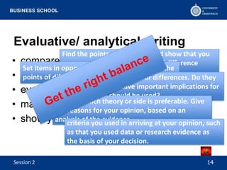 Evaluative/ analytical writing
• compare
• contrast
• evaluate significance
• make judgment
• show your criteria
14
Find the points of similarity, and show that you
are aware of any minor points of difference
within areas of overall similarity.
Set items in opposition, in order to bring out the
points of difference.Evaluate any similarities or differences. Do they
matter? Do they have important implications for
which model should be used?
Indicate which theory or side is preferable. Give
the reasons for your opinion, based on an
analysis of the evidence.criteria you used in arriving at your opinion, such
as that you used data or research evidence as
the basis of your decision.
Session 2
 