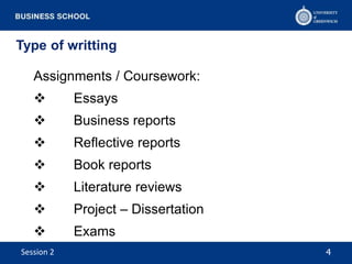 Type of writting
Assignments / Coursework:
 Essays
 Business reports
 Reflective reports
 Book reports
 Literature reviews
 Project – Dissertation
 Exams
4Session 2
 