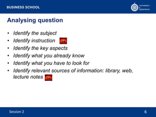 Analysing question
• Identify the subject
• Identify instruction
• Identify the key aspects
• Identify what you already know
• Identify what you have to look for
• Identify relevant sources of information: library, web,
lecture notes
6Session 2
 