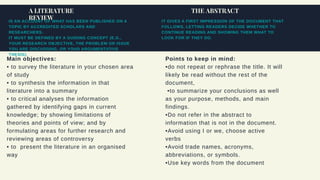 Points to keep in mind:
•do not repeat or rephrase the title. It will
likely be read without the rest of the
document,
•to summarize your conclusions as well
as your purpose, methods, and main
findings.
•Do not refer in the abstract to
information that is not in the document.
•Avoid using I or we, choose active
verbs
•Avoid trade names, acronyms,
abbreviations, or symbols.
•Use key words from the document
Main objectives:
• to survey the literature in your chosen area
of study
• to synthesis the information in that
literature into a summary
• to critical analyses the information
gathered by identifying gaps in current
knowledge; by showing limitations of
theories and points of view; and by
formulating areas for further research and
reviewing areas of controversy
• to present the literature in an organised
way
A LITERATURE
REVIEWIS AN ACCOUNT OF WHAT HAS BEEN PUBLISHED ON A
TOPIC BY ACCREDITED SCHOLARS AND
RESEARCHERS.
IT MUST BE DEFINED BY A GUIDING CONCEPT (E.G.,
YOUR RESEARCH OBJECTIVE, THE PROBLEM OR ISSUE
YOU ARE DISCUSSING, OR YOUR ARGUMENTATIVE
THESIS).
THE ABSTRACT
IT GIVES A FIRST IMPRESSION OF THE DOCUMENT THAT
FOLLOWS, LETTING READERS DECIDE WHETHER TO
CONTINUE READING AND SHOWING THEM WHAT TO
LOOK FOR IF THEY DO.
 