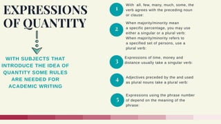 With all, few, many, much, some, the
verb agrees with the preceding noun
or clause:
1
EXPRESSIONS
OF QUANTITY When majority/minority mean
a specific percentage, you may use
either a singular or a plural verb:
When majority/minority refers to
a specified set of persons, use a
plural verb:
2
Expressions of time, money and
distance usually take a singular verb:3WITH SUBJECTS THAT
INTRODUCE THE IDEA OF
QUANTITY SOME RULES
ARE NEEDED FOR
ACADEMIC WRITING
Adjectives preceded by the and used
as plural nouns take a plural verb:
Expressions using the phrase number
of depend on the meaning of the
phrase:
4
5
 