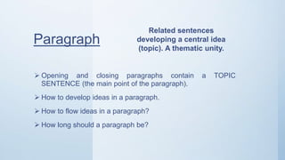  Opening and closing paragraphs contain a TOPIC
SENTENCE (the main point of the paragraph).
 How to develop ideas in a paragraph.
 How to flow ideas in a paragraph?
 How long should a paragraph be?
Paragraph
Related sentences
developing a central idea
(topic). A thematic unity.
 