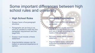 Some important differences between high
school rules and university
• High School Rules
• Essays have a five-paragraph
structure.
• Paragraphs are as long or as
short as needed to meet the five-
paragraph requirement and the
page limit.
• Essays must include a thesis
statement.
• Argumentative essays can be
based on personal experience or
opinion.
• University Expectations
• Essays have as many paragraphs
as needed.
• Paragraphs are usually between
one-third and two-thirds of a page
and vary in length according to the
needs of the paragraph.
• Not every essay needs a thesis
statement.
• Argumentative essays should be
supported by evidence from your
sources.
 