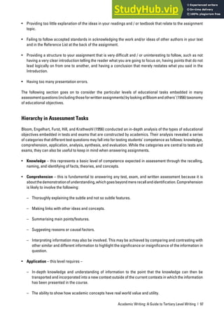 Academic Writing: A Guide to Tertiary Level Writing | 97
• Providing too little explanation of the ideas in your readings and / or textbook that relate to the assignment
topic.
• Failing to follow accepted standards in acknowledging the work and/or ideas of other authors in your text
and in the Reference List at the back of the assignment.
• Providing a structure to your assignment that is very difficult and / or uninteresting to follow, such as not
having a very clear introduction telling the reader what you are going to focus on, having points that do not
lead logically on from one to another, and having a conclusion that merely restates what you said in the
Introduction.
• Having too many presentation errors.
The following section goes on to consider the particular levels of educational tasks embedded in many
assessmentquestions(includingthoseforwrittenassignments)bylookingatBloomandothers’(1956)taxonomy
of educational objectives.
Hierarchy in Assessment Tasks
Bloom, Engelhart, Furst, Hill, and Krathwohl (1956) conducted an in-depth analysis of the types of educational
objectives embedded in tests and exams that are constructed by academics. Their analysis revealed a series
of categories that different test questions may fall into for testing students’ competence as follows: knowledge,
comprehension, application, analysis, synthesis, and evaluation. While the categories are central to tests and
exams, they can also be useful to keep in mind when answering assignments.
• Knowledge – this represents a basic level of competence expected in assessment through the recalling,
naming, and identifying of facts, theories, and concepts.
• Comprehension – this is fundamental to answering any test, exam, and written assessment because it is
aboutthedemonstrationofunderstanding,whichgoesbeyondmererecallandidentification.Comprehension
is likely to involve the following:
– Thoroughly explaining the subtle and not so subtle features.
– Making links with other ideas and concepts.
– Summarising main points/features.
– Suggesting reasons or causal factors.
– Interpreting information may also be involved. This may be achieved by comparing and contrasting with
other similar and different information to highlight the significance or insignificance of the information in
question.
• Application – this level requires –
– In-depth knowledge and understanding of information to the point that the knowledge can then be
transported and incorporated into a new context outside of the current contexts in which the information
has been presented in the course.
– The ability to show how academic concepts have real world value and utility.
 