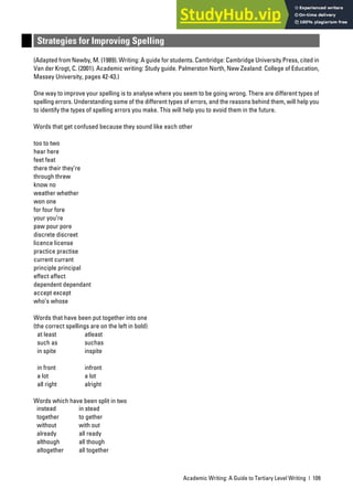 Academic Writing: A Guide to Tertiary Level Writing | 109
Strategies for Improving Spelling
(Adapted from Newby, M. (1989). Writing: A guide for students. Cambridge: Cambridge University Press, cited in
Van der Krogt, C. (2001). Academic writing: Study guide. Palmerston North, New Zealand: College of Education,
Massey University, pages 42-43.)
One way to improve your spelling is to analyse where you seem to be going wrong. There are different types of
spelling errors. Understanding some of the different types of errors, and the reasons behind them, will help you
to identify the types of spelling errors you make. This will help you to avoid them in the future.
Words that get confused because they sound like each other
too to two
hear here
feet feat
there their they’re
through threw
know no
weather whether
won one
for four fore
your you’re
paw pour pore
discrete discreet
licence license
practice practise
current currant
principle principal
effect affect
dependent dependant
accept except
who’s whose
Words that have been put together into one
(the correct spellings are on the left in bold)
at least atleast
such as suchas
in spite inspite
in front infront
a lot a lot
all right alright
Words which have been split in two
instead
together
without
already
although
altogether
in stead
to gether
with out
all ready
all though
all together
 