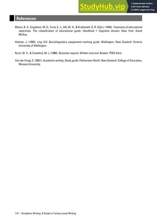 114 | Academic Writing: A Guide to Tertiary Level Writing
References
Bloom, B. S., Engelhart, M. D., Furst, E. J., Hill, W. H., & Krathwohl, D. R. (Eds.). (1956). Taxonomy of educational
objectives. The classification of educational goals: Handbook I: Cognitive domain. New York: David
McKay.
Holmes, J. (1995). Ling 312: Sociolinguistics assignment marking guide. Wellington, New Zealand: Victoria
University of Wellington.
Ruch, W. V., & Crawford, M. L. (1988). Business reports: Written and oral. Boston: PWS-Kent.
Van der Krogt, C. (2001). Academic writing: Study guide. Palmerston North, New Zealand: College of Education,
Massey University.
 