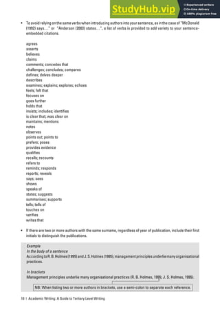 10 | Academic Writing: A Guide to Tertiary Level Writing
• Toavoidrelyingonthesameverbswhenintroducingauthorsintoyoursentence,asinthecaseof“McDonald
(1992) says…” or “Anderson (2003) states…”, a list of verbs is provided to add variety to your sentence-
embedded citations.
agrees
asserts
believes
claims
comments; concedes that
challenges; concludes; compares
defines; delves deeper
describes
examines; explains; explores; echoes
feels; felt that
focuses on
goes further
holds that
insists; includes; identifies
is clear that; was clear on
maintains; mentions
notes
observes
points out; points to
prefers; poses
provides evidence
qualifies
recalls; recounts
refers to
reminds; responds
reports; reveals
says; sees
shows
speaks of
states; suggests
summarises; supports
tells; tells of
touches on
verifies
writes that
• If there are two or more authors with the same surname, regardless of year of publication, include their first
initials to distinguish the publications.
Example
In the body of a sentence
AccordingtoR.B.Holmes(1995)andJ.S.Holmes(1995),managementprinciplesunderliemanyorganisational
practices.
In brackets
Management principles underlie many organisational practices (R. B. Holmes, 1995; J. S. Holmes, 1995).
NB: When listing two or more authors in brackets, use a semi-colon to separate each reference.
 