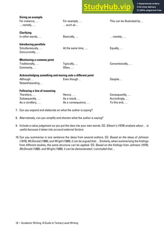 18 | Academic Writing: A Guide to Tertiary Level Writing
Giving an example
For instance, … For example, … This can be illustrated by…
…namely, … …such as…
Clarifying
In other words, … Basically, … …namely, …
Introducing parallels
Simultaneously, … At the same time, … Equally, …
Concurrently, …
Mentioning a common point
Traditionally, … Typically, … Conventionally, …
Commonly, … Often, …
Acknowledging something and moving onto a different point
Although… Even though… Despite…
Notwithstanding…
Following a line of reasoning
Therefore, … Hence, … Consequently, …
Subsequently, … As a result, … Accordingly, …
As a corollary, … As a consequence, … To this end, …
7. Can you expand and elaborate on what the author is saying?
8. Alternatively, can you simplify and shorten what the author is saying?
9. Include a value judgement as you put the idea into your own words. EG: Gibson’s (1978) analysis about… is
useful because it takes into account external factors.
10. Can you summarise in one sentence the ideas from several authors. EG: Based on the ideas of Johnson
(1979), McDonald (1988), and Wright (1999), it can be argued that… Similarly, when summarising the findings
from different studies, the same structure can be applied. EG: Based on the findings from Johnson (1979),
McDonald (1988), and Wright (1999), it can be demonstrated / concluded that…
 