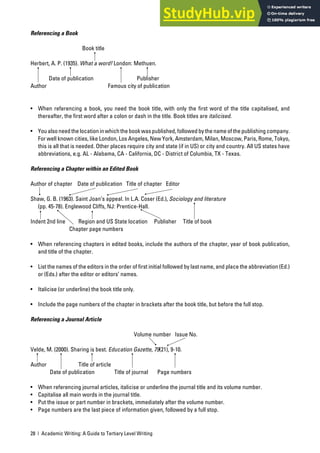 28 | Academic Writing: A Guide to Tertiary Level Writing
Referencing a Book
Book title
Herbert, A. P. (1935). What a word! London: Methuen.
Date of publication Publisher
Author Famous city of publication
• When referencing a book, you need the book title, with only the first word of the title capitalised, and
thereafter, the first word after a colon or dash in the title. Book titles are italicised.
• You also need the location in which the book was published, followed by the name of the publishing company.
For well known cities, like London, Los Angeles, New York, Amsterdam, Milan, Moscow, Paris, Rome, Tokyo,
this is all that is needed. Other places require city and state (if in US) or city and country. All US states have
abbreviations, e.g. AL - Alabama, CA - California, DC - District of Columbia, TX - Texas.
Referencing a Chapter within an Edited Book
Author of chapter Date of publication Title of chapter Editor
Shaw, G. B. (1963). Saint Joan’s appeal. In L.A. Coser (Ed.), Sociology and literature
(pp. 45-78). Englewood Cliffs, NJ: Prentice-Hall.
Indent 2nd line Region and US State location Publisher Title of book
Chapter page numbers
• When referencing chapters in edited books, include the authors of the chapter, year of book publication,
and title of the chapter.
• List the names of the editors in the order of first initial followed by last name, and place the abbreviation (Ed.)
or (Eds.) after the editor or editors’ names.
• Italicise (or underline) the book title only.
• Include the page numbers of the chapter in brackets after the book title, but before the full stop.
Referencing a Journal Article
Volume number Issue No.
Velde, M. (2000). Sharing is best. Education Gazette, 79(21), 9-10.
Author Title of article
Date of publication Title of journal Page numbers
• When referencing journal articles, italicise or underline the journal title and its volume number.
• Capitalise all main words in the journal title.
• Put the issue or part number in brackets, immediately after the volume number.
• Page numbers are the last piece of information given, followed by a full stop.
 