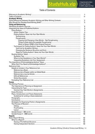 Academic Writing: A Guide to Tertiary Level Writing | iii
Table of Contents
Welcome to Academic Writing!.............................................................................................................................. ii
Table of Contents....................................................................................................................................................... iii
Academic Writing
Some Differences between Academic Writing and Other Writing Contexts.................................................. 2
Why Should You Develop Good Writing Skills?.................................................................................................... 5
Citing and Referencing
Identifying Academic Sources ................................................................................................................................ 8
Integrating the Ideas of Published Authors .......................................................................................................... 9
Citing Authors ...................................................................................................................................................... 9
Author Citation Tips....................................................................................................................................... 9
Putting Authors’ Ideas into Your Own Words........................................................................................... 12
Summarising ............................................................................................................................................. 12
Paraphrasing............................................................................................................................................. 13
Copying and Changing a Few Words – Not Paraphrasing.......................................................... 14
Things to Note about Acceptable Paraphrasing .......................................................................... 15
When to Retain SOME of the Original Features............................................................................ 16
Techniques for Putting Authors’ Ideas into Your Own Words............................................................... 16
Verb List for Academic Writing.............................................................................................................. 16
Changing the Sentence Structure and Form....................................................................................... 17
Steps for Putting Authors’ Ideas into Your Own Words .................................................................... 19
Quoting Authors’ Ideas....................................................................................................................................... 21
Quotation Tips ................................................................................................................................................ 21
When to Use Quotations or Your Own Words?........................................................................................ 23
Integrating Quotations into Your Assignment........................................................................................... 23
The Importance of Acknowledging Authors’ Ideas............................................................................................. 26
When Don’t You Need to Acknowledge Authors?......................................................................................... 26
Reference Lists........................................................................................................................................................... 27
Details to Include in Your Reference List........................................................................................................ 27
Referencing a Book....................................................................................................................................... 28
Referencing a Chapter within an Edited Book.......................................................................................... 28
Referencing a Journal Article..................................................................................................................... 28
Difficult References ...................................................................................................................................... 29
Online Documents ......................................................................................................................................... 29
Formatting Your Reference List ........................................................................................................................ 30
Essays
The Writing Process.................................................................................................................................................. 32
The Importance of Planning an Assignment .................................................................................................. 33
Interpreting the Topic......................................................................................................................................... 34
Common Key Task Words in Assignments................................................................................................ 34
Essay Structure ................................................................................................................................................... 36
Plans, Introductions and Thesis Statements.................................................................................................. 37
Guidelines for writing a thesis statement.................................................................................................. 38
Paragraphs........................................................................................................................................................... 38
Conclusions.......................................................................................................................................................... 40
Strategies for Organising Points in Assignments.......................................................................................... 40
The Process of Revision..................................................................................................................................... 42
Editing.............................................................................................................................................................. 43
Proofreading................................................................................................................................................... 43
Layout .............................................................................................................................................................. 44
Sample Essay I - 800 words............................................................................................................................... 45
Sample Essay II – 2000 words........................................................................................................................... 50
Reports
Basic Report Writing................................................................................................................................................. 62
What Is a Report?................................................................................................................................................ 62
Having a Pre-Defined Structure.................................................................................................................. 62
Having Independent Sections..................................................................................................................... 63
 