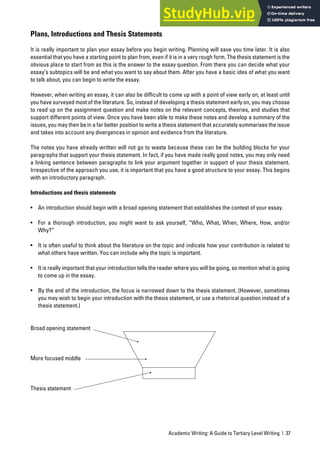 Academic Writing: A Guide to Tertiary Level Writing | 37
Plans, Introductions and Thesis Statements
It is really important to plan your essay before you begin writing. Planning will save you time later. It is also
essential that you have a starting point to plan from, even if it is in a very rough form. The thesis statement is the
obvious place to start from as this is the answer to the essay question. From there you can decide what your
essay’s subtopics will be and what you want to say about them. After you have a basic idea of what you want
to talk about, you can begin to write the essay.
However, when writing an essay, it can also be difficult to come up with a point of view early on, at least until
you have surveyed most of the literature. So, instead of developing a thesis statement early on, you may choose
to read up on the assignment question and make notes on the relevant concepts, theories, and studies that
support different points of view. Once you have been able to make these notes and develop a summary of the
issues, you may then be in a far better position to write a thesis statement that accurately summarises the issue
and takes into account any divergences in opinion and evidence from the literature.
The notes you have already written will not go to waste because these can be the building blocks for your
paragraphs that support your thesis statement. In fact, if you have made really good notes, you may only need
a linking sentence between paragraphs to link your argument together in support of your thesis statement.
Irrespective of the approach you use, it is important that you have a good structure to your essay. This begins
with an introductory paragraph.
Introductions and thesis statements
• An introduction should begin with a broad opening statement that establishes the context of your essay.
• For a thorough introduction, you might want to ask yourself, “Who, What, When, Where, How, and/or
Why?”
• It is often useful to think about the literature on the topic and indicate how your contribution is related to
what others have written. You can include why the topic is important.
• It is really important that your introduction tells the reader where you will be going, so mention what is going
to come up in the essay.
• By the end of the introduction, the focus is narrowed down to the thesis statement. (However, sometimes
you may wish to begin your introduction with the thesis statement, or use a rhetorical question instead of a
thesis statement.)
Broad opening statement
More focused middle
Thesis statement
 