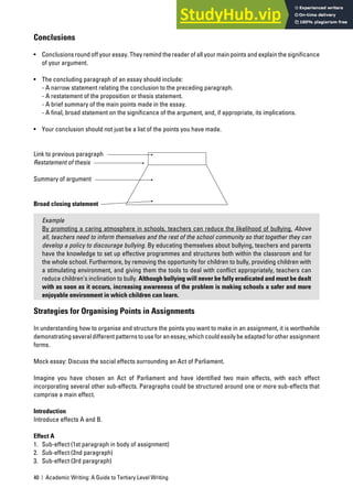 40 | Academic Writing: A Guide to Tertiary Level Writing
Conclusions
• Conclusions round off your essay. They remind the reader of all your main points and explain the significance
of your argument.
• The concluding paragraph of an essay should include:
- A narrow statement relating the conclusion to the preceding paragraph.
- A restatement of the proposition or thesis statement.
- A brief summary of the main points made in the essay.
- A final, broad statement on the significance of the argument, and, if appropriate, its implications.
• Your conclusion should not just be a list of the points you have made.
Link to previous paragraph
Restatement of thesis
Summary of argument
Broad closing statement
Example
By promoting a caring atmosphere in schools, teachers can reduce the likelihood of bullying. Above
all, teachers need to inform themselves and the rest of the school community so that together they can
develop a policy to discourage bullying. By educating themselves about bullying, teachers and parents
have the knowledge to set up effective programmes and structures both within the classroom and for
the whole school. Furthermore, by removing the opportunity for children to bully, providing children with
a stimulating environment, and giving them the tools to deal with conflict appropriately, teachers can
reduce children’s inclination to bully. Although bullying will never be fully eradicated and must be dealt
with as soon as it occurs, increasing awareness of the problem is making schools a safer and more
enjoyable environment in which children can learn.
Strategies for Organising Points in Assignments
In understanding how to organise and structure the points you want to make in an assignment, it is worthwhile
demonstratingseveraldifferentpatternstouseforanessay,whichcouldeasilybeadaptedforotherassignment
forms.
Mock essay: Discuss the social effects surrounding an Act of Parliament.
Imagine you have chosen an Act of Parliament and have identified two main effects, with each effect
incorporating several other sub-effects. Paragraphs could be structured around one or more sub-effects that
comprise a main effect.
Introduction
Introduce effects A and B.
Effect A
1. Sub-effect (1st paragraph in body of assignment)
2. Sub-effect (2nd paragraph)
3. Sub-effect (3rd paragraph)
 