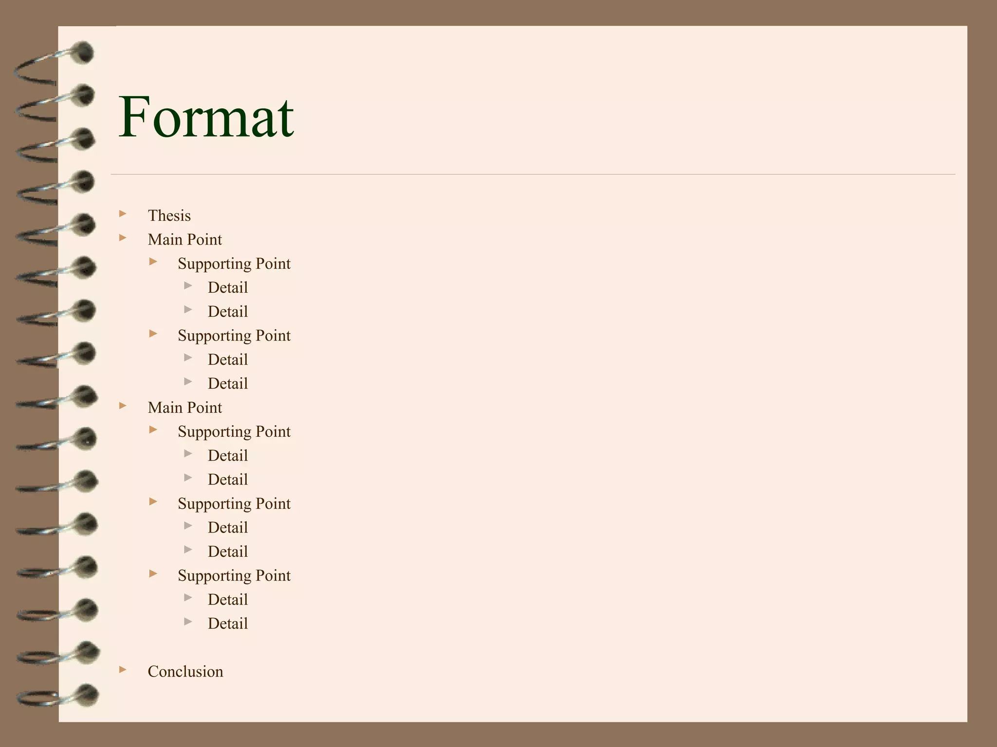 Format
 Thesis
 Main Point
 Supporting Point
 Detail
 Detail
 Supporting Point
 Detail
 Detail
 Main Point
 Supporting Point
 Detail
 Detail
 Supporting Point
 Detail
 Detail
 Supporting Point
 Detail
 Detail
 Conclusion
 