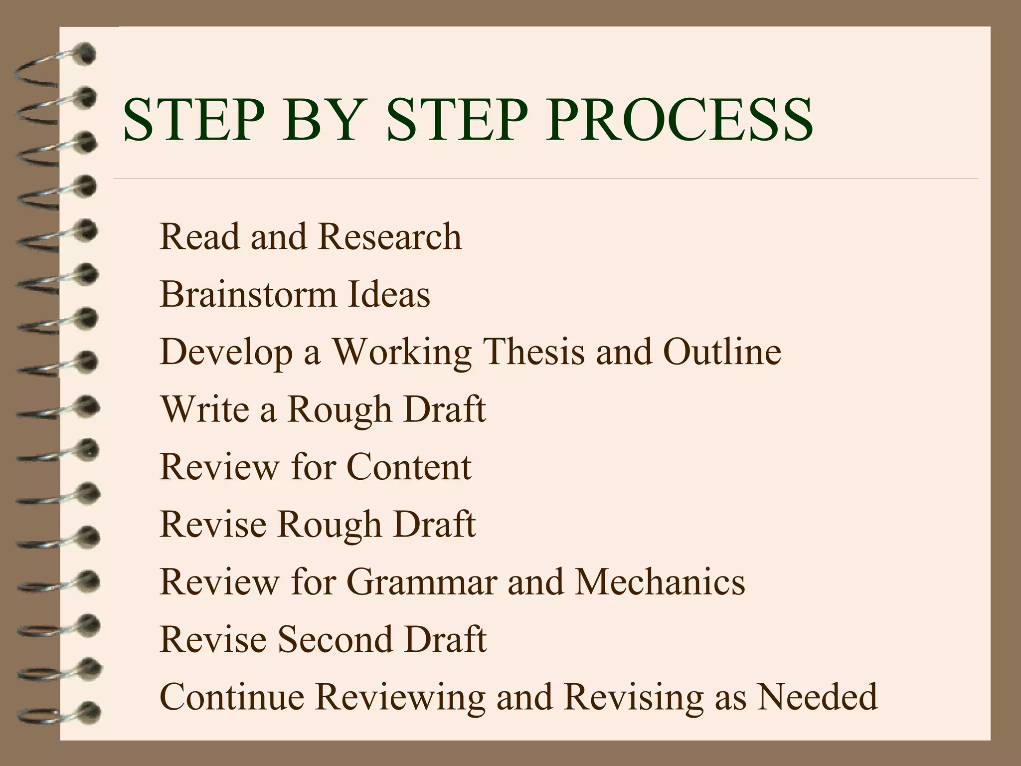 STEP BY STEP PROCESS
Read and Research
Brainstorm Ideas
Develop a Working Thesis and Outline
Write a Rough Draft
Review for Content
Revise Rough Draft
Review for Grammar and Mechanics
Revise Second Draft
Continue Reviewing and Revising as Needed
 