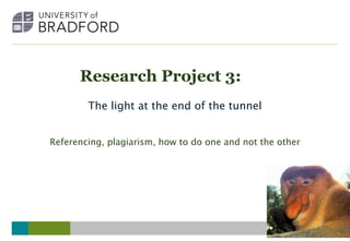 Research Project 3:
The light at the end of the tunnel
Referencing, plagiarism, how to do one and not the other
 