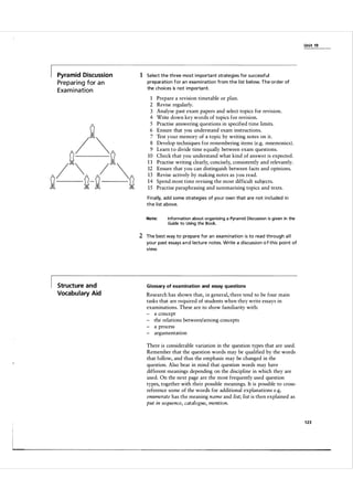 Unit 19

Pyramid Discussion

Pre p a r i n g for a n
Exa m i nation

1 Select the three most i mporta nt strategies for successful
preparation for a n exa m ination from the l ist below. The order of
the choices is not importa nt.

1
2
3
4
5
6
7
8
9
10
11
12
13
14
15

Prepare a revision timetable or plan.
Revise regularly.
Analyse past exam papers and select topics for revision.
Write down key words of topics for revision.
Practise answering questions in specified time limits.
Ensure that you understand exam instructions.
Test your memory of a topic by writing notes on it.
Develop techniques for remembering items (e.g. mnemonics) .
Learn t o divide time equally between exam questions.
Check that you understand what kind of answer is expected.
Practise writing clearly, concisely, consistently and relevantly.
Ensure that you can distinguish between facts and opinions.
Revise actively by making notes as you read.
Spend most time revising the most difficult subjects.
Practise paraphrasing and summarising topics and texts.

Final ly, add some strateg ies of you r own that a re not i ncl uded in
t h e l i st a bove.
Note:

I nformation about organising a Pyramid Discussion is given in the
Guide to Using the Book.

2 The best way to prepa re for a n exa m i nation is to read through a l l
you r past essays a n d l ectu re notes. Write a d iscussion o f this poi nt of
view.

Structure and

Glossary of examination and essay questions

Vocabulary Aid

Research has shown that, in general, there tend to be four main
tasks that are required of students when they write essays in
examinations. These are to show familiarity with:
- a concept
- the relations between/among concepts
- a process
- argumentation
There is considerable variation in the question types that are used.
Remember that the question words may be qualified by the words
that follow, and thus the emphasis may be changed in the
question. Also bear in mind that question words may have
different meanings depending on the discipline in which they are
used. On the next page are the most frequently used question
types, together with their possible meanings. It is possible to cross­
reference some of the words for additional explanations e.g.
enumerate has the meaning name and list; list is then explained as
put in sequence, catalogue, mention.

1 23

 