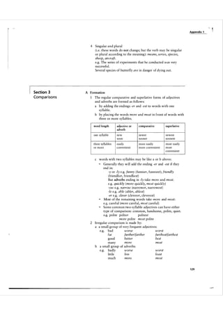 Appendix 1

4 Singular and plural
(i.e. these words do not change; but the verb may be singular
or plural according to the meaning): means, series, species,
sheep, aircraft.
e.g. The series of experiments that he conducted was very
successful.
Several species of butterfly are in danger of dying out.

Section 3

Co m pa r i sons

A Formation

1

The regular comparative and superlative forms of adjectives
and adverbs are formed as follows:
a by adding the endings -er and -est to words with one
syllable.
b by placing the words more and most in front of words with
three or more syllables.
word length

adjective or
adverb

comparative

superlative

one syllable

new
soon

newer
sooner

newest
soonest

three syllables
or more

easily
convenient

more easily
more convenient

most easily
most
convenient

c words with two syllables may be like a or b above:
Generally they will add the ending -er and -est if they
end in:
-y or -ly e.g. funny (funnier, funniest); friendly
(friendlier, friendliest)
But adverbs ending in -ly take more and most.
e.g. quickly (more quickly, most quickly)
-ow e.g. narrow (narrower, narrowest )
-Ie e.g. able ( abl er, abl est)
-er e.g. clever (cleverer, cleverest)
Most of the remaining words take more and most:
e.g. careful (more careful, most careful)
Some common two-syllable adjectives can have either
type of comparison: common, handsome, polite, quiet.
e.g. polite politer
polites t
more polite most polite
2 Irregular comparison is made by:
a a small group of very frequent adjectives:
worse
worst
e.g. bad
far
furthest/farthest
further/farther
better
best
good
more
most
many
b a small group of adverbs:
worst
worse
e.g. badly
less
least
little
most
more
much
•

•

•

1 29

 