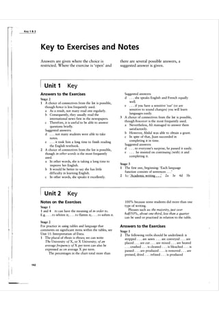 I

r

Key 1 & 2

Key to Exe rci ses a n d N otes
Answers are given where the choice is
restricted. Where the exercise is 'open' and

U n it 1

Key

Answers to the Exercises
Stage 2

A choice of connectives from the list is possible,
though hence is less frequently used.
a As a result, not many read one regularly.
b Consequently, they usually read the
international news first in the newspapers.
c Therefore, it is useful to be able to answer
questions briefly.
Suggested answers:
d . . . not many students were able to take
notes.
e . . . it took him a long time to finish reading
the English textbook.
2 A choice of connectives from the list is possible,
though in other words is the most frequently
used.
a In other words, she is taking a long time to
improve her English.
b It would be better to say she has little
difficulty in learning English.
c In other words, she speaks it excellently.
1

U n it 2

there are several possible answers, a
suggested answer is given.

Suggested answers:
d . . . she speaks English and French equally
well.
e . . . if you have a sensitive 'ear' (or are
sensitive to sound changes ) you will learn
languages easily.
3 A choice of connectives from the list is possible,
though however is the most frequently used.
a Nevertheless, Ali managed to answer them
satisfactorily.
b However, Abdul was able to obtain a grant.
c In spite of that, Juan succeeded in
completing it in time.
Suggested answers:
d . . . to everyone's surprise, he passed it easily.
e . . . he insisted on continuing (with ) it and
completing it.
Stage 3

The first one, beginning: 'Each language
function consists of sentences . . .
2 I e : 'Academic writing . . .'
2a 3e 4d
1

'

5b

Key

N otes on the Exe rcises

1 0 0 % because some students did more than one
type of writing.
Phrases such as: the majority, just over
halfI50% , about one-third, less than a quarter
can be used or practised in relation to the table.

Stage 1
I and 4 to can have the meaning of in order to.
E.g . . . . to whiten it; . . . to flatten it; . . . to soften it.

Stage 2

For practice in using tables and language that
comments on significant items within the tables, see
Unit 1 1 : Interpretation of Data.
I The plural of thesis is theses; we can write
The University of X, or X University; of an
average frequency of X per term can also be
expressed as on average X per term.
The percentages in the chart total more than

I



r
I

I !
1 42

Answers to the Exe rcises
Stage 1
2

The following verbs should be underlined: is
stripped . . . are sawn . . . are conveyed . . . are
placed . . . are cut . . . are mixed . . . are heated
. . . crushed . . . is cleaned . . . is bleached . . . is
passed . . . are produced . . . is removed . . . are
pressed, dried . . . refined . . . is produced

 