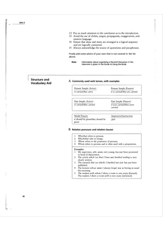 Unit 2

1 2 Pay as much attention to the conclusion as to the introduction.
13 Avoid the use of cliches, j argon, propaganda, exaggeration, and
emotive language.
14 Ensure that ideas and items are arranged in a logical sequence
and are logically connected.
15 Always acknowledge the source of quotations and paraphrases.
Fina l ly add some advice of your own that is not covered in the l ist
above.
Note:

Structure and
Vocabulary Aid

A

Information about organisihg a Pyramid Diswssion in the
Classroom is given ill the Guide to Using the Book.

Commonly used verb tenses, with examples

Present Simple (Active)

Present Simple (Passive)

it carries/they carry

it is carried/they are carried

Past Simple (Active)

Past Simple ( Passive)

it carried/they carried

it was carried/they were
carried

Modal Passive

B

Imperative/instruction

it should be given/they should be
given

give

Relative pronouns and relative clauses

1
2
3
4

Who/that refers to persons.
Which/that refer to things.
Whose refers to the possessive of persons.
Whom refers to persons and is often used with a preposition.

Examples:
1 My supervisor, who seems very young, has j ust been promoted
to head of department.
2 The article which ( or that) I have just finished reading is very
clearly written.
3 The research that ( or which) I finished last year has j ust been
published.
4 The lecturer whose name I always forget was as boring as usual
this morning.
"
S The student with whom I share a room is very noisy [formal].
The student I share a room with is very noisy [informal].

20

 