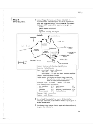 U n it 3

1 Look ca refu l ly at the map of Austra l i a and at the table of

Stage 2

i nformation. Then write a description of Austra l i a organ ised i n a
similar way to the description of the U K . Check the Structure and
Voca bulary Aid if necessa ry. Write four short paragraphs on:
location
size and physica l backg round
c l i mate
population, language, and rel igion

Oth e r Countries

Australia
To Indonesia



Coral Sea

Indian Ocean

.....

..

........
. . . .. .

••••••••••

.

South Pacific
Ocean

a

500

miles

a

800

Tasman Sea

Southern Ocean

km.

I

ro of
!..Pic...Capri
- . ...
. �?��

I

Capital:

�

L-______________________

Total area:

�

To New Zealand

Canberra, in the Australian Capital Territory
7,682,300 sq. km.

Land: consists largely of plains and plateaux
7% arable
14% forest
54% grassland 25% other land: desert, mountains, wasteland
Climate:

ranges from alpine to tropical

Annual rainfall:

two-thirds of the continent is arid or semi-arid
(having little or no rain) - over 80 cm. rain in the
north and eastern and southern highlands

Population ( 1996 ):

18,423,000

Density:

2 per sq. km.

States and Territories: % of population:
New South Wales
34%
South Australia
Victoria
Tasmania
25 %
Queensland
18%
Australian Capital Territory
Western Australia
10%
Northern Territory
Language: English
Religion:

8%
2.5%
1.5%
1%

(+ some others)

mainly Christian

2 Now write a brief account of you r cou ntry, divided i nto fou r
paragraphs as a bove. If you do not know t h e exact figu res, guess o r
write in genera l terms.

3 Descri be you r home town so that the reader, who does not know it,
can get a clear pictu re of it.

23

 