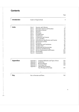 Contents
Page

Introduction

Guide to Using the Book

Un its

Unit 1
Unit 2
Unit 3
Unit 4
Unit 5
Unit 6
Unit 7
Unit 8
Unit 9
Unit 1 0
Unit 1 1
Unit 1 2
Unit 1 3
Unit 1 4
Unit 1 5
Unit 1 6
Unit 1 7
Unit 1 8
Unit 1 9

Append ices

Appendix 1
Appendix 2
Appendix 3
Appendix 4
Appendix 5

Key

Structure and Cohesion
Description: Process and Procedure
Description: Physical
Narrative
Definitions
Exemplification
Classification
Comparison and Contrast
Cause and Effect
Generalisation, Qualification and Caution
Interpretation of Data
Discussion
Introductions and Conclusions
Academic Style
Paraphrasing and Summarising
Quotations and Referencing
Surveys, Questionnaires and Projects
Proofreading
Examinations

Language Difficulties and Types of Error
Connectives
Research Reports
Correcting Code
Optional Questionnaire:
Your Writing and this Book

Key to Exercises and Notes

4

9
14
21
27
34
39
43
51
58
64
70
76
82
88
93
98
105
1 12
120

126
133
138
140
141

1 42

3

 