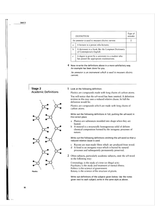 Unit 5

DEFINITION
An ammeter is used to measure electric current.

Type of
mistake
2

lecturer is a person who lectures.

a

A

b

A dictionary is a book like the Longman D ictionary
of Contemporary English.

c

degree is given by a university to a student who
has passed the appropriate examinations.

A

4 Now re-write the defi n itions a bove i n a more satisfactory way.
An exa mple has been done for you .

An ammeter is an instrument which is used to measure electric
current.

Stage 2

Aca d e mic Defi n itions

1 Look at the fol lowi ng defin ition.
Plastics are compou nds made with long chains of carbon atoms.

You will notice that the wh-word has been omitted. A definition
written in this way uses a reduced relative clause. In full the
definition would be:
Plastics are compounds which are made with long chains of
carbon atoms.
Write out the fol l owing defi n itions in fu l l, putting the wh-word i n
t h e correct place.

a

Plastics are substances moulded into shape when they are
heated.
b A mineral is a structurally homogeneous solid of definite
chemical composition formed by the inorganic processes of
nature.

Write out the fol l owing defin itions om itting the wh-word so that a
reduced relative cla use is used.

c Rayons are man-made fibres which are produced from wood.
d A fossil is an inorganic trace which is buried by natural
processes and subsequently permanently preserved.

2 Often subj ects, particularly academic subjects, omit the wh-word
in the following way:

Plastics

Criminol ogy is the s tudy of crime (or i l l ega l acts).
Psychiatry is the study and treatment of menta l il l ness.
Po litics is the science of government.
Botany is the s cience of the structu re of p l a nts.
Write out definitions of the su bjects given below. Use the notes
g iven next to each su bject; write in the same styl e as a bove.

36

 