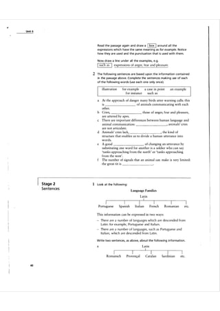 Unit 6

Read the passage again and draw a I box I a round a l l the
expressions which have the same mea n i n g as for example. Notice
how they are used and the punctuation that is used with them.
Now d raw a line u nder all the examples, e.g.

I such as I

expressions of anger, fear and pleasure.

2 The fol l owi ng sentences a re based u pon the information conta i n ed
in the passage above. Complete the sentences making use of each
of the fol lowi ng words (use each one only once).

illustration
a

b
c

d

e

f

for example
a case in point
such as
for instance

an example

At the approach of danger many birds utter warning calls: this
of animals communicating with each
IS
other.
Cries,
those of anger, fear and pleasure,
are uttered by apes.
There are important differences between human language and
, animals' cries
animal communication:
are not articulate.
Animals' cries lack,
, the kind of
structure that enables us to divide a human utterance into
words.
of changing an utterance by
A good
substituting one word for another is a soldier who can say
'tanks approaching from the north' or 'tanks approaching
from the west'.
The number of signals that an animal can make is very limited:
the great tit is
_________

Stage 2

1 Look at the fol lowi ng:

Sente n ces

Language Families

Latin

I

Portuguese

I

Spanish

I

I

Romanian

French

Italian

etc.

This information can be expressed in two ways:
- There are a n u m ber of languages wh i ch a re descended from
Lati n: for example, Portuguese and Ita l i a n .
- There are a n u m ber o f l anguages, s u c h as Portuguese and
Ita l ian, which are descended from Lati n .
Write two sentences, as a bove, a bout the fol l owing information.

a

Latin

I

Romansch
40

I

Proven<;:al

I

I

Catalan

I

Sardinian

etc.

 