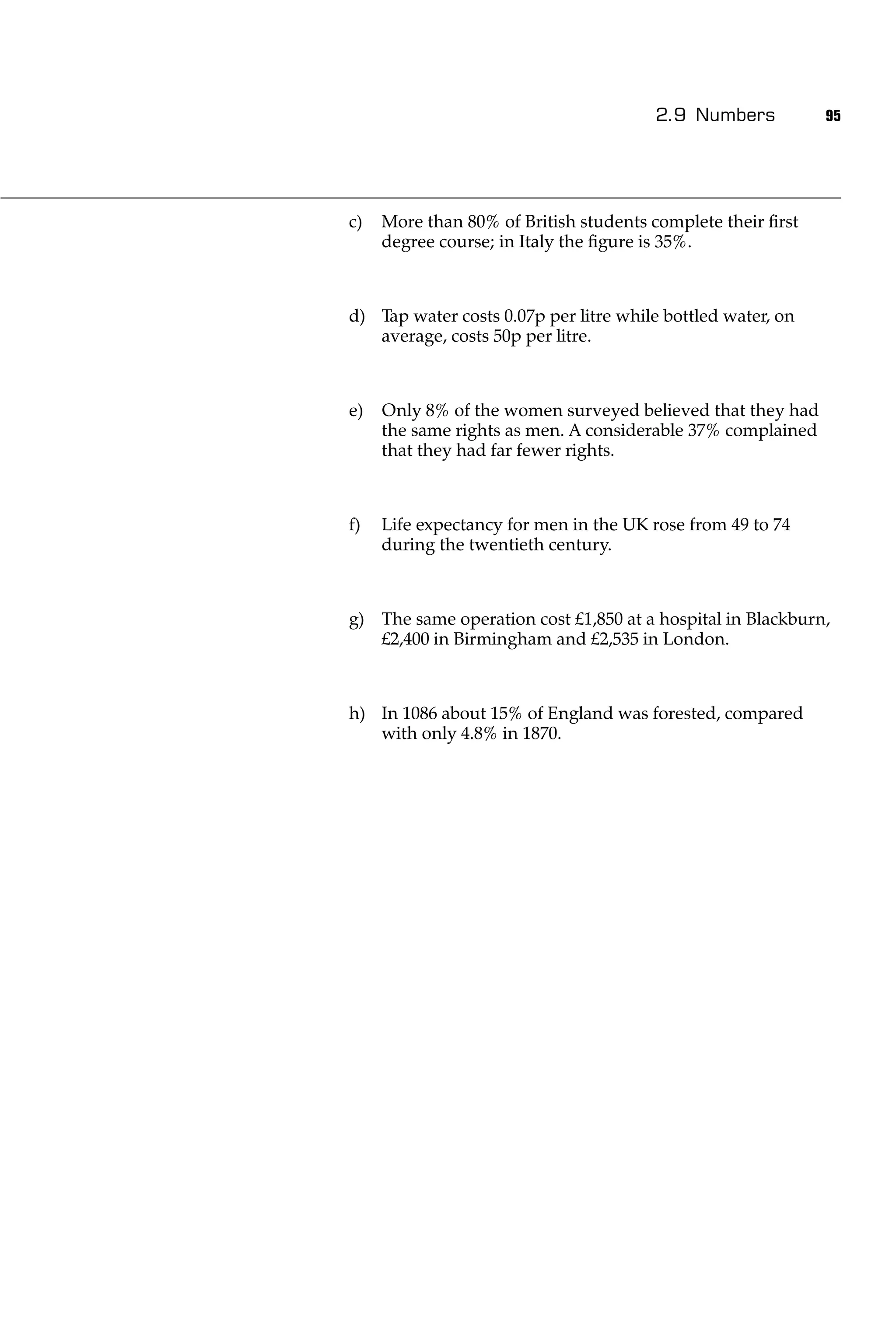 2.9 Numbers           95




c)   More than 80% of British students complete their ﬁrst
     degree course; in Italy the ﬁgure is 35%.



d) Tap water costs 0.07p per litre while bottled water, on
   average, costs 50p per litre.



e)   Only 8% of the women surveyed believed that they had
     the same rights as men. A considerable 37% complained
     that they had far fewer rights.



f)   Life expectancy for men in the UK rose from 49 to 74
     during the twentieth century.



g) The same operation cost £1,850 at a hospital in Blackburn,
   £2,400 in Birmingham and £2,535 in London.



h) In 1086 about 15% of England was forested, compared
   with only 4.8% in 1870.
 