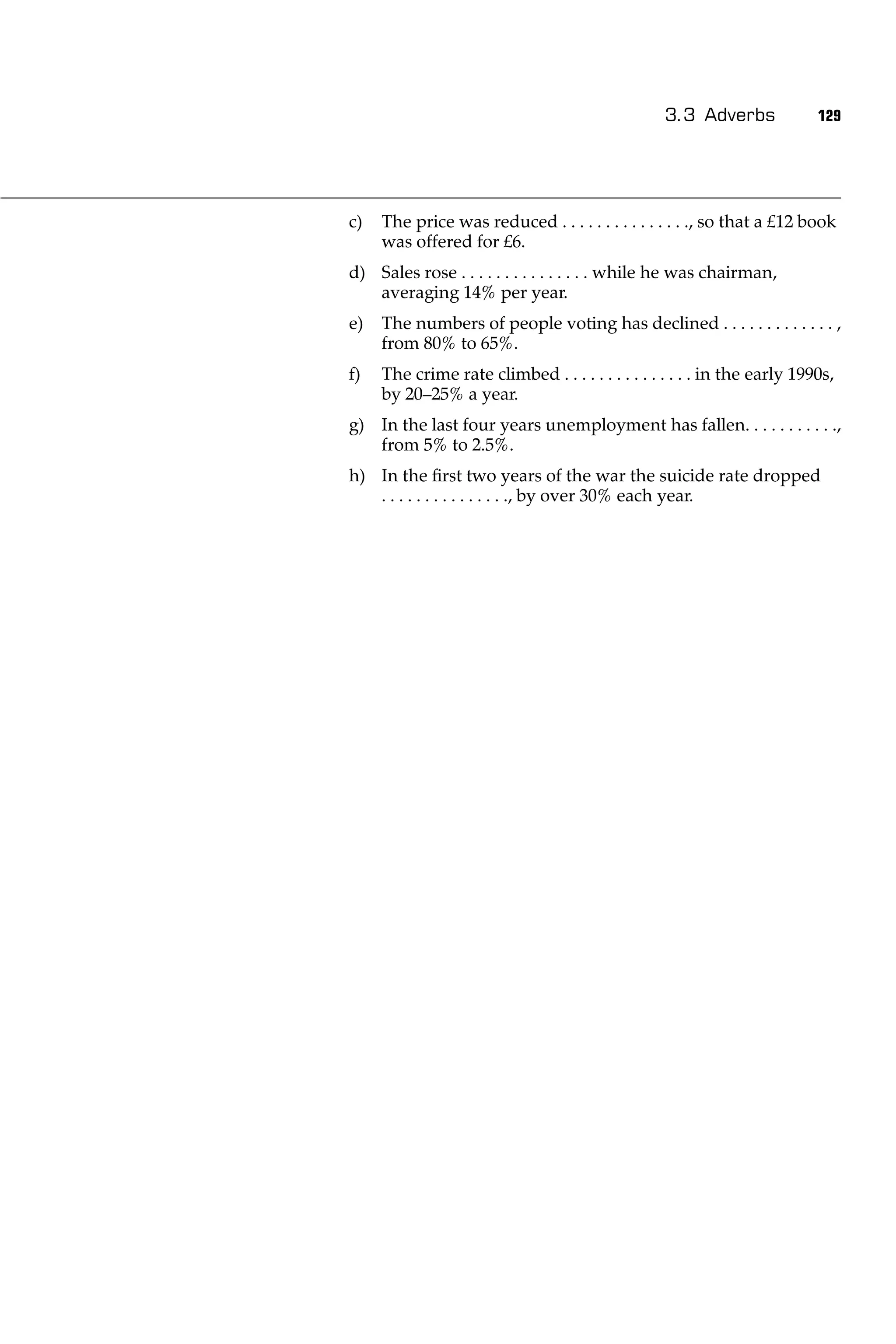 3.3 Adverbs             129




c)   The price was reduced . . . . . . . . . . . . . . ., so that a £12 book
     was offered for £6.
d) Sales rose . . . . . . . . . . . . . . . while he was chairman,
   averaging 14% per year.
e)   The numbers of people voting has declined . . . . . . . . . . . . . ,
     from 80% to 65%.
f)   The crime rate climbed . . . . . . . . . . . . . . . in the early 1990s,
     by 20–25% a year.
g) In the last four years unemployment has fallen. . . . . . . . . . .,
   from 5% to 2.5%.
h) In the ﬁrst two years of the war the suicide rate dropped
   . . . . . . . . . . . . . . ., by over 30% each year.
 