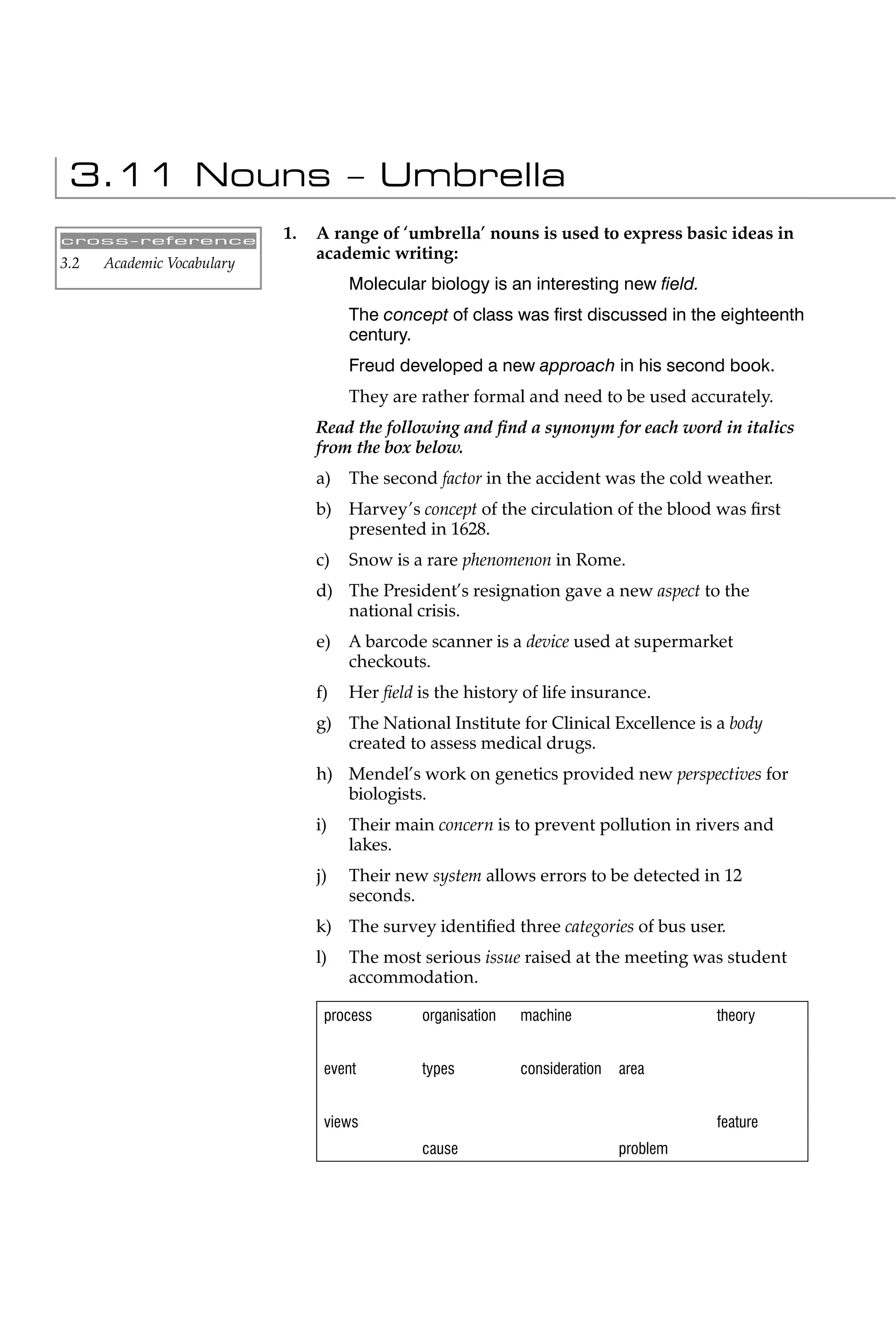 3.11 Nouns – Umbrella
cross-reference
                            1.   A range of ‘umbrella’ nouns is used to express basic ideas in
                                 academic writing:
3.2   Academic Vocabulary
                                      Molecular biology is an interesting new ﬁeld.
                                      The concept of class was ﬁrst discussed in the eighteenth
                                      century.
                                      Freud developed a new approach in his second book.
                                      They are rather formal and need to be used accurately.
                                 Read the following and ﬁnd a synonym for each word in italics
                                 from the box below.
                                 a)   The second factor in the accident was the cold weather.
                                 b) Harvey’s concept of the circulation of the blood was ﬁrst
                                    presented in 1628.
                                 c)   Snow is a rare phenomenon in Rome.
                                 d) The President’s resignation gave a new aspect to the
                                    national crisis.
                                 e)   A barcode scanner is a device used at supermarket
                                      checkouts.
                                 f)   Her ﬁeld is the history of life insurance.
                                 g) The National Institute for Clinical Excellence is a body
                                    created to assess medical drugs.
                                 h) Mendel’s work on genetics provided new perspectives for
                                    biologists.
                                 i)   Their main concern is to prevent pollution in rivers and
                                      lakes.
                                 j)   Their new system allows errors to be detected in 12
                                      seconds.
                                 k) The survey identiﬁed three categories of bus user.
                                 l)   The most serious issue raised at the meeting was student
                                      accommodation.

                                  process       organisation   machine                   theory


                                  event         types          consideration   area


                                  views                                                  feature
                                                cause                          problem
 