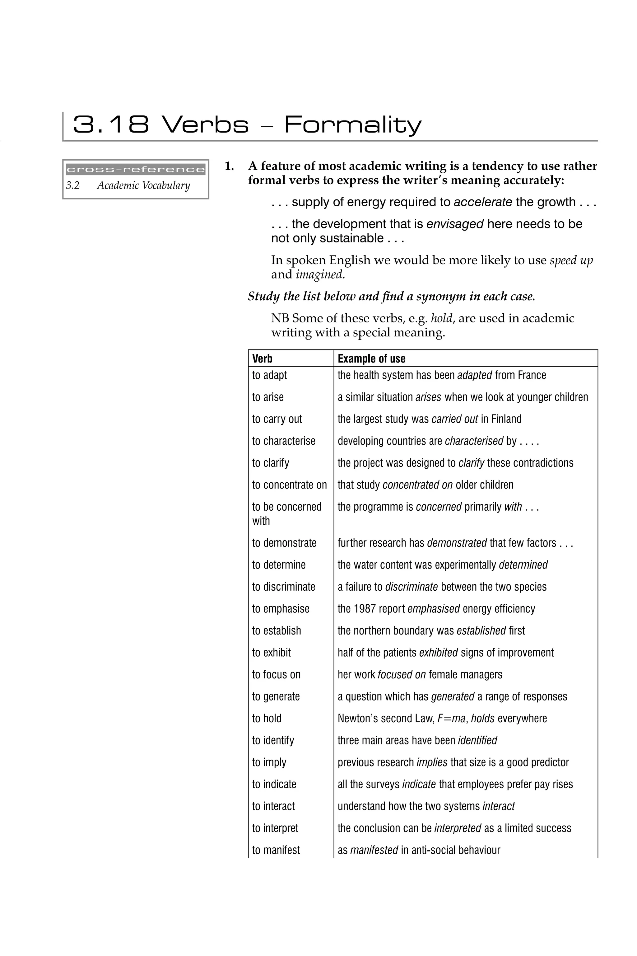 3.18 Verbs – Formality
cross-reference             1.   A feature of most academic writing is a tendency to use rather
3.2   Academic Vocabulary        formal verbs to express the writer’s meaning accurately:
                                      . . . supply of energy required to accelerate the growth . . .
                                      . . . the development that is envisaged here needs to be
                                      not only sustainable . . .
                                      In spoken English we would be more likely to use speed up
                                      and imagined.
                                 Study the list below and ﬁnd a synonym in each case.
                                      NB Some of these verbs, e.g. hold, are used in academic
                                      writing with a special meaning.

                                 Verb               Example of use
                                 to adapt           the health system has been adapted from France
                                 to arise           a similar situation arises when we look at younger children
                                 to carry out       the largest study was carried out in Finland
                                 to characterise    developing countries are characterised by . . . .
                                 to clarify         the project was designed to clarify these contradictions
                                 to concentrate on that study concentrated on older children
                                 to be concerned    the programme is concerned primarily with . . .
                                 with
                                 to demonstrate     further research has demonstrated that few factors . . .
                                 to determine       the water content was experimentally determined
                                 to discriminate    a failure to discriminate between the two species
                                 to emphasise       the 1987 report emphasised energy efﬁciency
                                 to establish       the northern boundary was established ﬁrst
                                 to exhibit         half of the patients exhibited signs of improvement
                                 to focus on        her work focused on female managers
                                 to generate        a question which has generated a range of responses
                                 to hold            Newton’s second Law, F=ma, holds everywhere
                                 to identify        three main areas have been identiﬁed
                                 to imply           previous research implies that size is a good predictor
                                 to indicate        all the surveys indicate that employees prefer pay rises
                                 to interact        understand how the two systems interact
                                 to interpret       the conclusion can be interpreted as a limited success
                                 to manifest        as manifested in anti-social behaviour
 