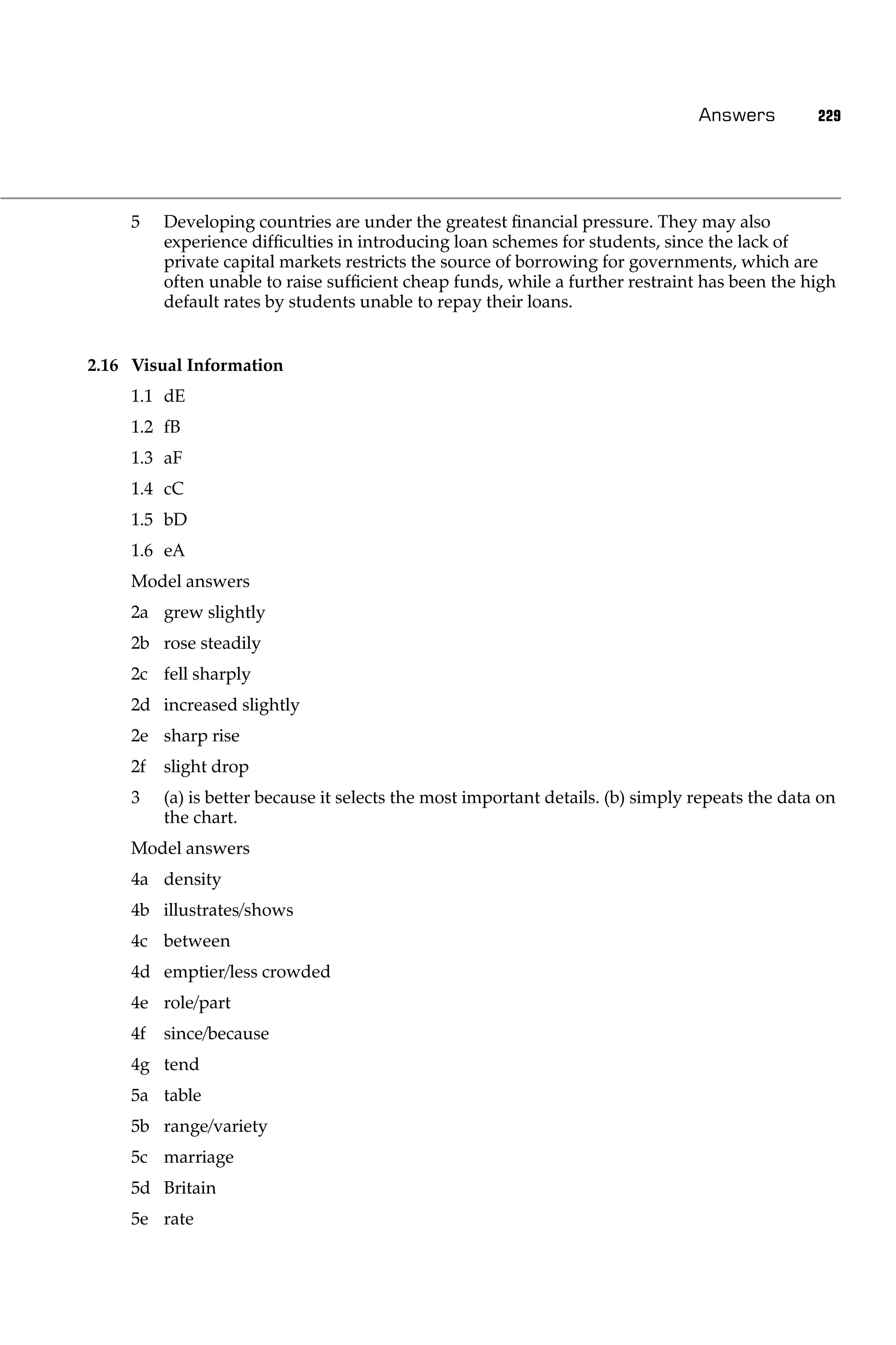 Answers         229




     5    Developing countries are under the greatest ﬁnancial pressure. They may also
          experience difﬁculties in introducing loan schemes for students, since the lack of
          private capital markets restricts the source of borrowing for governments, which are
          often unable to raise sufﬁcient cheap funds, while a further restraint has been the high
          default rates by students unable to repay their loans.


2.16 Visual Information
     1.1 dE
     1.2 fB
     1.3 aF
     1.4 cC
     1.5 bD
     1.6 eA
     Model answers
     2a grew slightly
     2b rose steadily
     2c fell sharply
     2d increased slightly
     2e sharp rise
     2f   slight drop
     3    (a) is better because it selects the most important details. (b) simply repeats the data on
          the chart.
     Model answers
     4a density
     4b illustrates/shows
     4c between
     4d emptier/less crowded
     4e role/part
     4f   since/because
     4g tend
     5a table
     5b range/variety
     5c marriage
     5d Britain
     5e rate
 