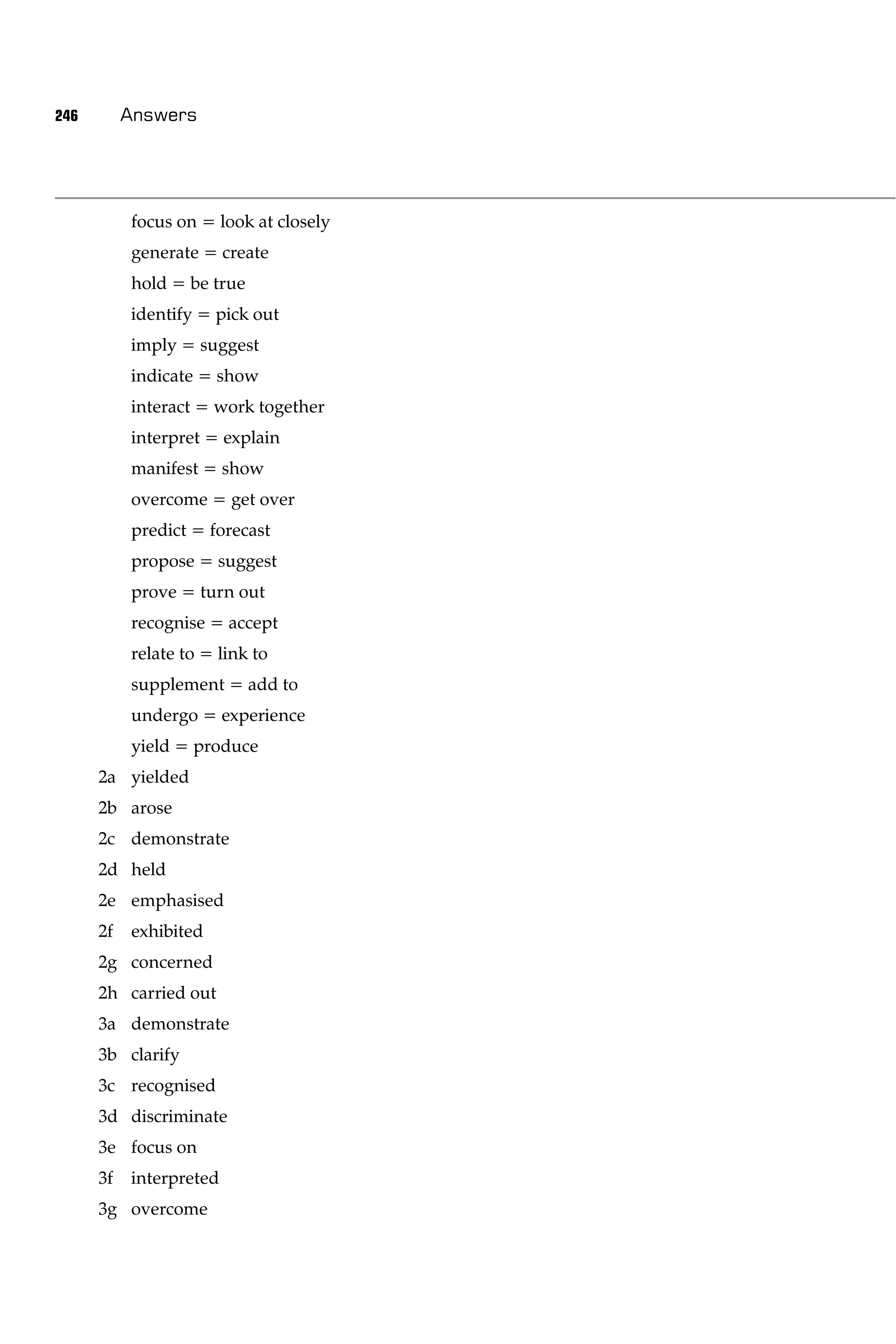246        Answers




           focus on = look at closely
           generate = create
           hold = be true
           identify = pick out
           imply = suggest
           indicate = show
           interact = work together
           interpret = explain
           manifest = show
           overcome = get over
           predict = forecast
           propose = suggest
           prove = turn out
           recognise = accept
           relate to = link to
           supplement = add to
           undergo = experience
           yield = produce
      2a yielded
      2b arose
      2c demonstrate
      2d held
      2e emphasised
      2f   exhibited
      2g concerned
      2h carried out
      3a demonstrate
      3b clarify
      3c recognised
      3d discriminate
      3e focus on
      3f   interpreted
      3g overcome
 