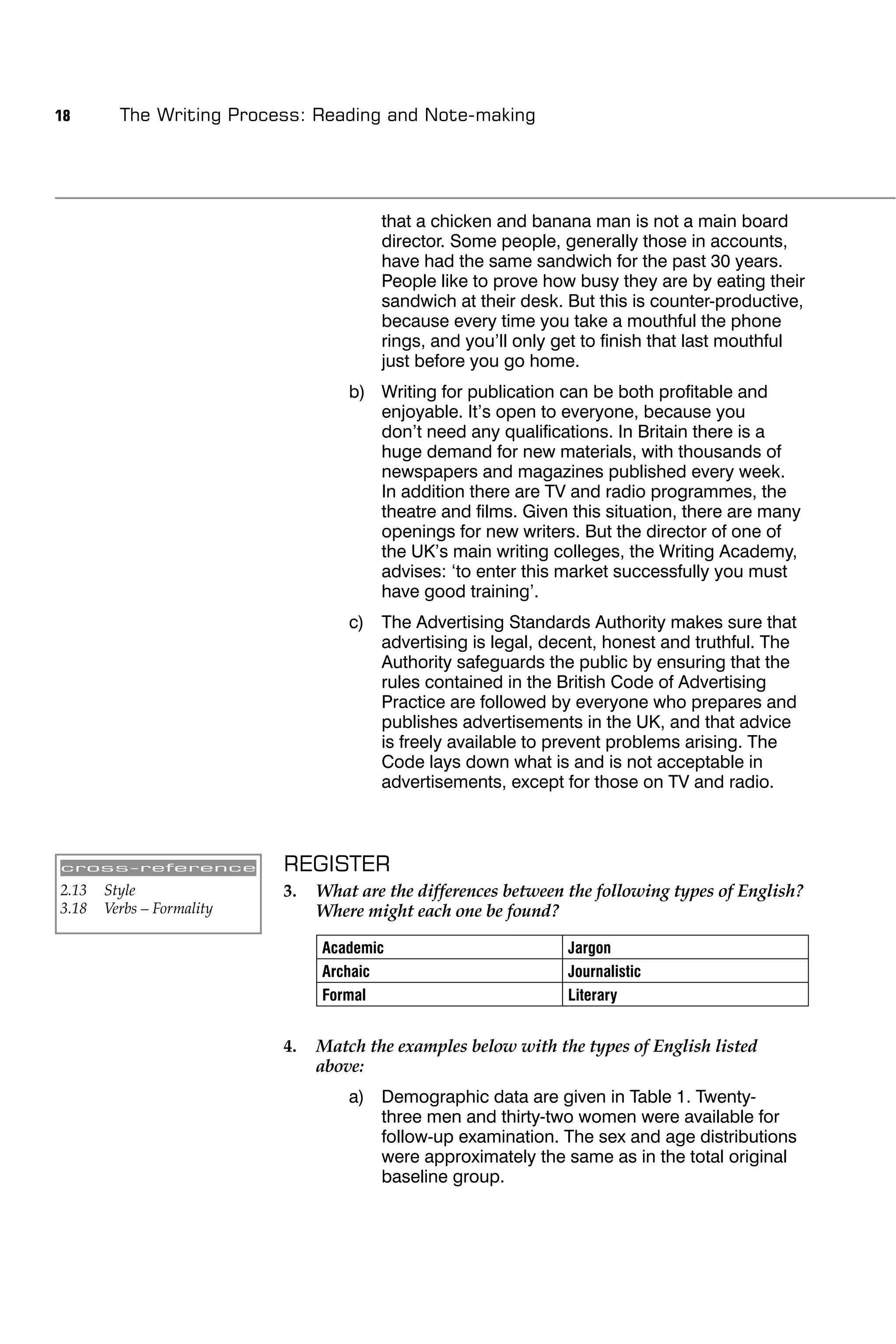 18       The Writing Process: Reading and Note-making




                                        that a chicken and banana man is not a main board
                                        director. Some people, generally those in accounts,
                                        have had the same sandwich for the past 30 years.
                                        People like to prove how busy they are by eating their
                                        sandwich at their desk. But this is counter-productive,
                                        because every time you take a mouthful the phone
                                        rings, and you’ll only get to ﬁnish that last mouthful
                                        just before you go home.
                                    b) Writing for publication can be both proﬁtable and
                                       enjoyable. It’s open to everyone, because you
                                       don’t need any qualiﬁcations. In Britain there is a
                                       huge demand for new materials, with thousands of
                                       newspapers and magazines published every week.
                                       In addition there are TV and radio programmes, the
                                       theatre and ﬁlms. Given this situation, there are many
                                       openings for new writers. But the director of one of
                                       the UK’s main writing colleges, the Writing Academy,
                                       advises: ‘to enter this market successfully you must
                                       have good training’.
                                    c) The Advertising Standards Authority makes sure that
                                       advertising is legal, decent, honest and truthful. The
                                       Authority safeguards the public by ensuring that the
                                       rules contained in the British Code of Advertising
                                       Practice are followed by everyone who prepares and
                                       publishes advertisements in the UK, and that advice
                                       is freely available to prevent problems arising. The
                                       Code lays down what is and is not acceptable in
                                       advertisements, except for those on TV and radio.



cross-reference            REGISTER
2.13   Style               3.   What are the differences between the following types of English?
3.18   Verbs – Formality        Where might each one be found?

                                Academic                         Jargon
                                Archaic                          Journalistic
                                Formal                           Literary


                           4.   Match the examples below with the types of English listed
                                above:
                                    a) Demographic data are given in Table 1. Twenty-
                                       three men and thirty-two women were available for
                                       follow-up examination. The sex and age distributions
                                       were approximately the same as in the total original
                                       baseline group.
 