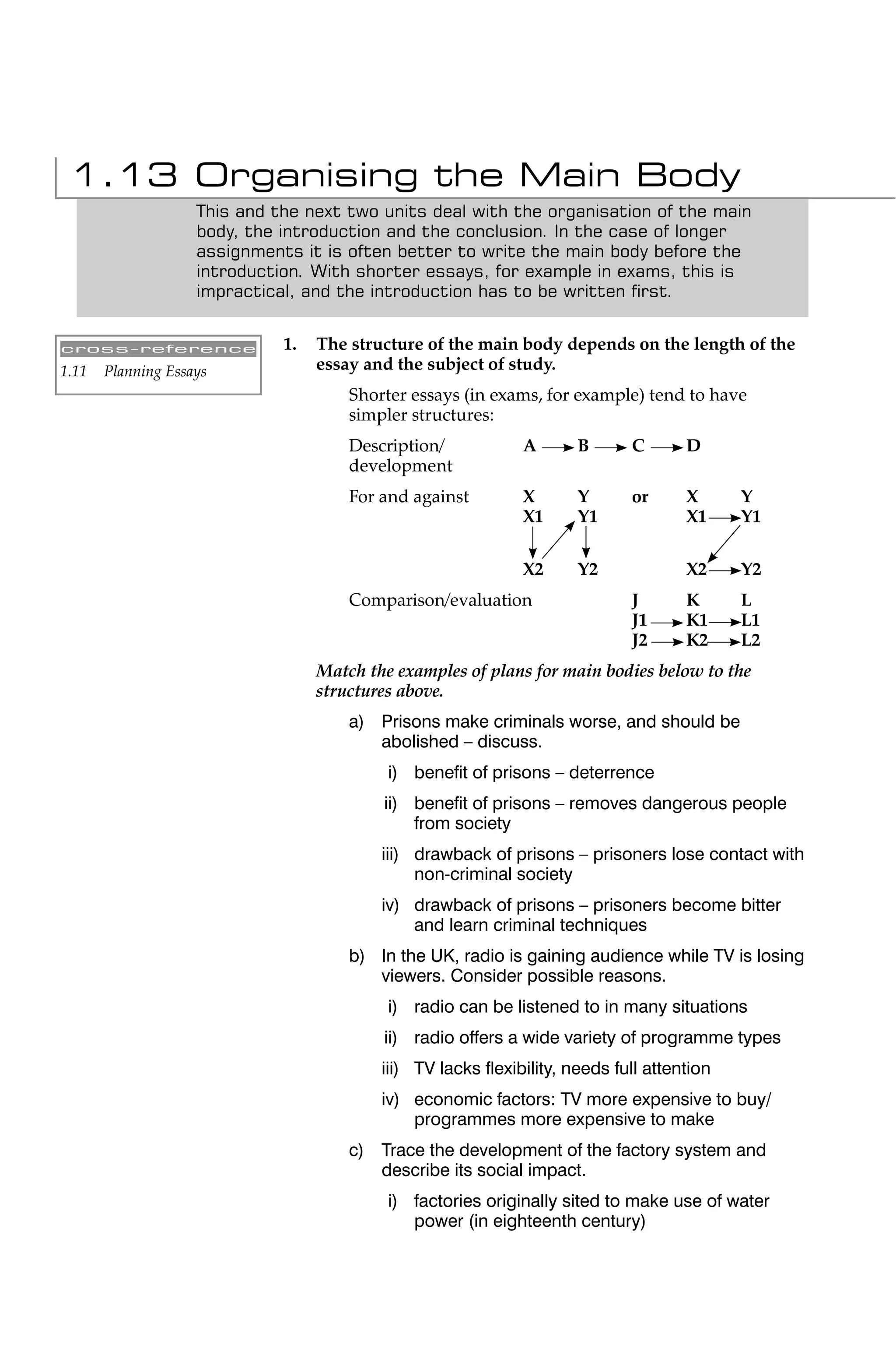 1.13 Organising the Main Body
                    This and the next two units deal with the organisation of the main
                    body, the introduction and the conclusion. In the case of longer
                    assignments it is often better to write the main body before the
                    introduction. With shorter essays, for example in exams, this is
                    impractical, and the introduction has to be written ﬁrst.


cross-reference               1.   The structure of the main body depends on the length of the
1.11   Planning Essays             essay and the subject of study.
                                       Shorter essays (in exams, for example) tend to have
                                       simpler structures:
                                       Description/           A       B      C       D
                                       development
                                       For and against        X       Y      or      X      Y
                                                              X1      Y1             X1     Y1

                                                              X2      Y2             X2     Y2
                                       Comparison/evaluation                 J       K      L
                                                                             J1      K1     L1
                                                                             J2      K2     L2
                                   Match the examples of plans for main bodies below to the
                                   structures above.
                                       a) Prisons make criminals worse, and should be
                                          abolished – discuss.
                                            i) beneﬁt of prisons – deterrence
                                           ii) beneﬁt of prisons – removes dangerous people
                                               from society
                                           iii) drawback of prisons – prisoners lose contact with
                                                non-criminal society
                                           iv) drawback of prisons – prisoners become bitter
                                               and learn criminal techniques
                                       b) In the UK, radio is gaining audience while TV is losing
                                          viewers. Consider possible reasons.
                                            i) radio can be listened to in many situations
                                           ii) radio offers a wide variety of programme types
                                           iii) TV lacks ﬂexibility, needs full attention
                                           iv) economic factors: TV more expensive to buy/
                                               programmes more expensive to make
                                       c) Trace the development of the factory system and
                                          describe its social impact.
                                            i) factories originally sited to make use of water
                                               power (in eighteenth century)
 