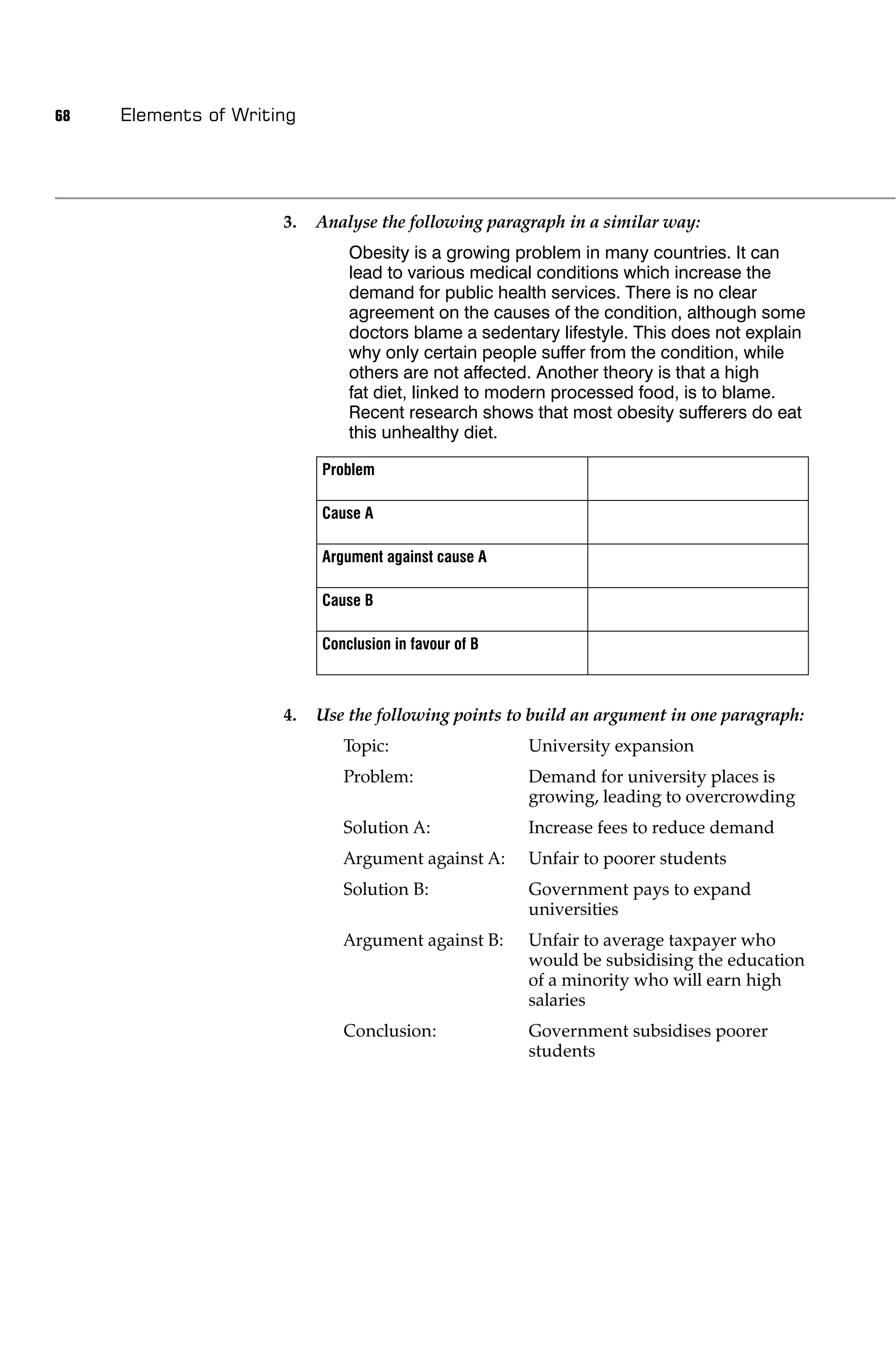 68   Elements of Writing




                      3.   Analyse the following paragraph in a similar way:
                               Obesity is a growing problem in many countries. It can
                               lead to various medical conditions which increase the
                               demand for public health services. There is no clear
                               agreement on the causes of the condition, although some
                               doctors blame a sedentary lifestyle. This does not explain
                               why only certain people suffer from the condition, while
                               others are not affected. Another theory is that a high
                               fat diet, linked to modern processed food, is to blame.
                               Recent research shows that most obesity sufferers do eat
                               this unhealthy diet.

                           Problem

                           Cause A

                           Argument against cause A

                           Cause B

                           Conclusion in favour of B



                      4.   Use the following points to build an argument in one paragraph:
                              Topic:                   University expansion
                              Problem:                 Demand for university places is
                                                       growing, leading to overcrowding
                              Solution A:              Increase fees to reduce demand
                              Argument against A:      Unfair to poorer students
                              Solution B:              Government pays to expand
                                                       universities
                              Argument against B:      Unfair to average taxpayer who
                                                       would be subsidising the education
                                                       of a minority who will earn high
                                                       salaries
                              Conclusion:              Government subsidises poorer
                                                       students
 