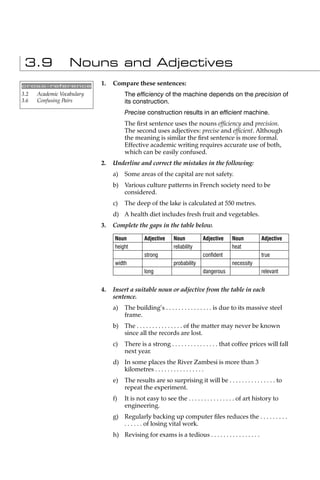 3.9               Nouns and Adjectives
cross-reference
                            1.   Compare these sentences:
3.2   Academic Vocabulary             The efﬁciency of the machine depends on the precision of
3.6   Confusing Pairs                 its construction.
                                      Precise construction results in an efﬁcient machine.
                                      The ﬁrst sentence uses the nouns efﬁciency and precision.
                                      The second uses adjectives: precise and efﬁcient. Although
                                      the meaning is similar the ﬁrst sentence is more formal.
                                      Effective academic writing requires accurate use of both,
                                      which can be easily confused.
                            2.   Underline and correct the mistakes in the following:
                                 a)   Some areas of the capital are not safety.
                                 b) Various culture patterns in French society need to be
                                    considered.
                                 c)   The deep of the lake is calculated at 550 metres.
                                 d) A health diet includes fresh fruit and vegetables.
                            3.   Complete the gaps in the table below.

                                  Noun         Adjective     Noun          Adjective     Noun         Adjective
                                  height                     reliability                 heat
                                               strong                      conﬁdent                   true
                                  width                      probability                 necessity
                                               long                        dangerous                  relevant


                            4.   Insert a suitable noun or adjective from the table in each
                                 sentence.
                                 a)   The building’s . . . . . . . . . . . . . . . is due to its massive steel
                                      frame.
                                 b) The . . . . . . . . . . . . . . . of the matter may never be known
                                    since all the records are lost.
                                 c)   There is a strong . . . . . . . . . . . . . . . that coffee prices will fall
                                      next year.
                                 d) In some places the River Zambesi is more than 3
                                    kilometres . . . . . . . . . . . . . . . .
                                 e)   The results are so surprising it will be . . . . . . . . . . . . . . . to
                                      repeat the experiment.
                                 f)   It is not easy to see the . . . . . . . . . . . . . . . of art history to
                                      engineering.
                                 g) Regularly backing up computer ﬁles reduces the . . . . . . . . .
                                    . . . . . . of losing vital work.
                                 h) Revising for exams is a tedious . . . . . . . . . . . . . . . .
 