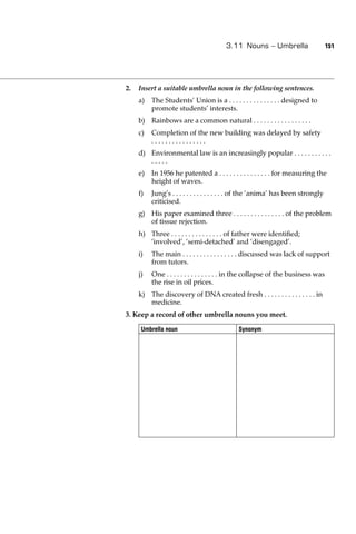 3.11 Nouns – Umbrella                      151




2.   Insert a suitable umbrella noun in the following sentences.
     a)   The Students’ Union is a . . . . . . . . . . . . . . . designed to
          promote students’ interests.
     b) Rainbows are a common natural . . . . . . . . . . . . . . . . .
     c)   Completion of the new building was delayed by safety
          ................
     d) Environmental law is an increasingly popular . . . . . . . . . . .
        .....
     e)   In 1956 he patented a . . . . . . . . . . . . . . . for measuring the
          height of waves.
     f)   Jung’s . . . . . . . . . . . . . . . of the ‘anima’ has been strongly
          criticised.
     g) His paper examined three . . . . . . . . . . . . . . . of the problem
        of tissue rejection.
     h) Three . . . . . . . . . . . . . . . of father were identiﬁed;
        ‘involved’, ‘semi-detached’ and ‘disengaged’.
     i)   The main . . . . . . . . . . . . . . . . discussed was lack of support
          from tutors.
     j)   One . . . . . . . . . . . . . . . in the collapse of the business was
          the rise in oil prices.
     k) The discovery of DNA created fresh . . . . . . . . . . . . . . . in
        medicine.
3. Keep a record of other umbrella nouns you meet.

      Umbrella noun                         Synonym
 