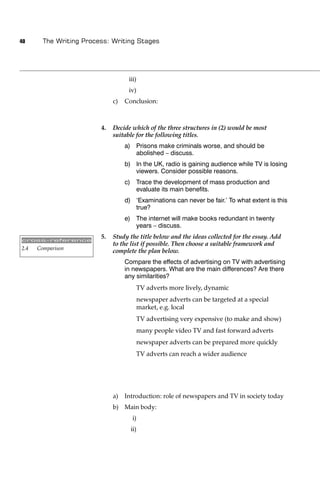 40      The Writing Process: Writing Stages




                                    iii)
                                    iv)
                              c)   Conclusion:



                         4.   Decide which of the three structures in (2) would be most
                              suitable for the following titles.
                                   a) Prisons make criminals worse, and should be
                                      abolished – discuss.
                                   b) In the UK, radio is gaining audience while TV is losing
                                      viewers. Consider possible reasons.
                                   c) Trace the development of mass production and
                                      evaluate its main beneﬁts.
                                   d) ‘Examinations can never be fair.’ To what extent is this
                                      true?
                                   e) The internet will make books redundant in twenty
                                      years – discuss.

cross-reference
                         5.   Study the title below and the ideas collected for the essay. Add
                              to the list if possible. Then choose a suitable framework and
2.4   Comparison
                              complete the plan below.
                                   Compare the effects of advertising on TV with advertising
                                   in newspapers. What are the main differences? Are there
                                   any similarities?
                                           TV adverts more lively, dynamic
                                           newspaper adverts can be targeted at a special
                                           market, e.g. local
                                           TV advertising very expensive (to make and show)
                                           many people video TV and fast forward adverts
                                           newspaper adverts can be prepared more quickly
                                           TV adverts can reach a wider audience




                              a)   Introduction: role of newspapers and TV in society today
                              b) Main body:
                                     i)
                                     ii)
 
