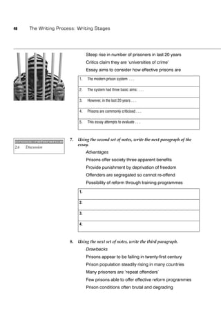 46      The Writing Process: Writing Stages




                                   Steep rise in number of prisoners in last 20 years
                                   Critics claim they are ‘universities of crime’
                                   Essay aims to consider how effective prisons are

                              1.   The modern prison system . . .

                              2.   The system had three basic aims: . . .

                              3.   However, in the last 20 years . . .

                              4.   Prisons are commonly criticised . . .

                              5.   This essay attempts to evaluate . . .



cross-reference
                         7.   Using the second set of notes, write the next paragraph of the
                              essay.
2.6   Discussion
                                   Advantages
                                   Prisons offer society three apparent beneﬁts
                                   Provide punishment by deprivation of freedom
                                   Offenders are segregated so cannot re-offend
                                   Possibility of reform through training programmes

                              1.

                              2.

                              3.

                              4.



                         8.   Using the next set of notes, write the third paragraph.
                                   Drawbacks
                                   Prisons appear to be failing in twenty-ﬁrst century
                                   Prison population steadily rising in many countries
                                   Many prisoners are ‘repeat offenders’
                                   Few prisons able to offer effective reform programmes
                                   Prison conditions often brutal and degrading
 