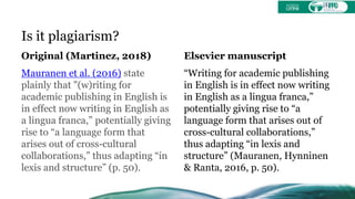 Is it plagiarism?
Original (Martinez, 2018)
Mauranen et al. (2016) state
plainly that "(w)riting for
academic publishing in English is
in effect now writing in English as
a lingua franca,” potentially giving
rise to “a language form that
arises out of cross-cultural
collaborations,” thus adapting “in
lexis and structure” (p. 50).
Elsevier manuscript
“Writing for academic publishing
in English is in effect now writing
in English as a lingua franca,”
potentially giving rise to “a
language form that arises out of
cross-cultural collaborations,”
thus adapting “in lexis and
structure” (Mauranen, Hynninen
& Ranta, 2016, p. 50).
 