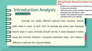 Introduction Analysis
Student example
Animals are totally different species than humans, they're
often seen in zoos. In fact, 20% of animals die every year because
they're kept in zoos. Animals should not be in zoos because it takes
away the animal's freedom, increases extinction rates, and makes it
difficult to replicate the natural habitat.
Writing Prompt: Discuss the impact of ke
zoos.
• Explore the consequences of depriving a
in zoo environments.
• Talk about why some animals might bec
because they are kept in zoos.
• Explain the problems faced in replicating
animals within zoo settings.
 
